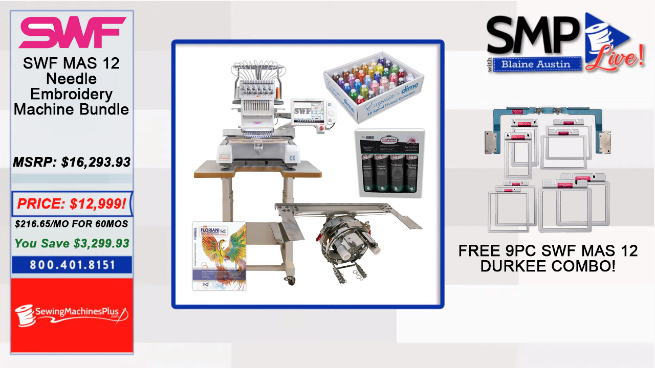 SWF MAS 12 Needle Embroidery Machine (Optional Cap and Stand Bundles Available)